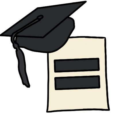 A piece of paper with two black stripes. above it is a mortarboard with a black tassel.